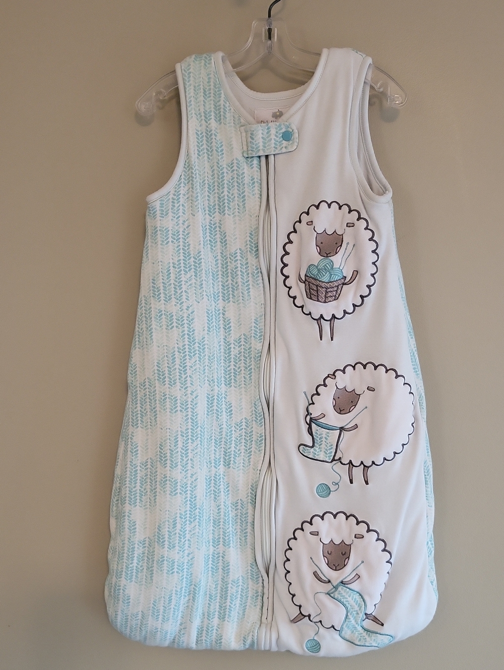 White & teal sheep print embrodiered sleep sack
